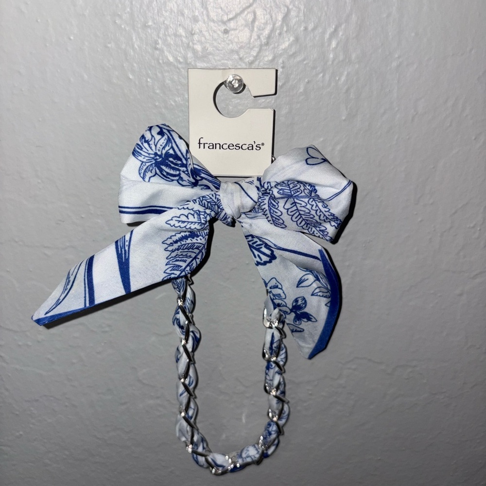 Francesca's Collections Floral Blue and White Bow Hair Tie